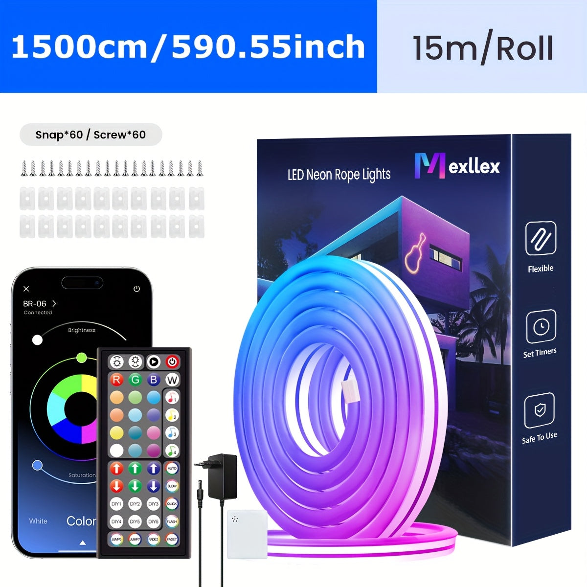 Mexllex RGB Neon Light Strip Featuring a 44-Key Remote, App Connectivity, IP67, Adjustable Colors And Brightness, Music Mode, And Options, Suitable for Bedrooms, Living Rooms, Studies, Gifts, And More