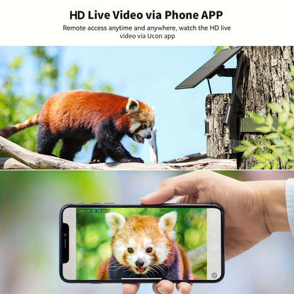 Kamera Leśna 4G LTE z Kartą SIM – Ładowanie Słoneczne / Alarm Ekstremalny 0,2 s + Wizja Nocna Bez Światła, Zdalny Dostęp i Odtwarzanie z Telefonu, Monitorowanie 24/7, Bez Wi-Fi