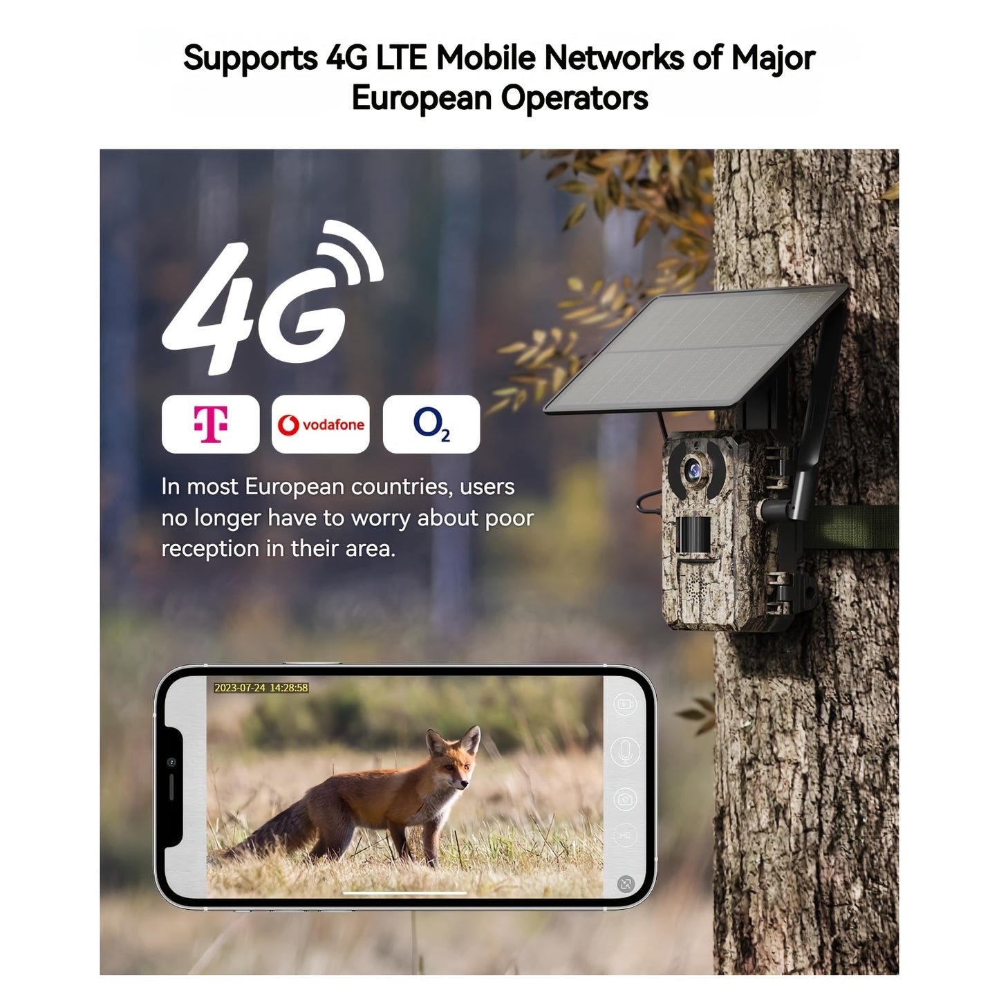 Kamera Leśna 4G LTE z Kartą SIM – Ładowanie Słoneczne / Alarm Ekstremalny 0,2 s + Wizja Nocna Bez Światła, Zdalny Dostęp i Odtwarzanie z Telefonu, Monitorowanie 24/7, Bez Wi-Fi