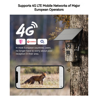 Kamera Leśna 4G LTE z Kartą SIM – Ładowanie Słoneczne / Alarm Ekstremalny 0,2 s + Wizja Nocna Bez Światła, Zdalny Dostęp i Odtwarzanie z Telefonu, Monitorowanie 24/7, Bez Wi-Fi