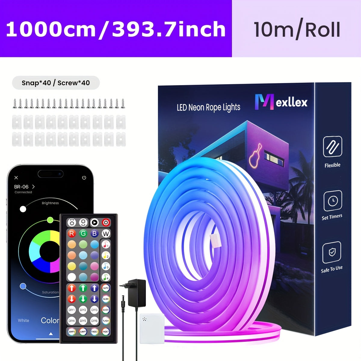 Mexllex RGB Neon Light Strip Featuring a 44-Key Remote, App Connectivity, IP67, Adjustable Colors And Brightness, Music Mode, And Options, Suitable for Bedrooms, Living Rooms, Studies, Gifts, And More