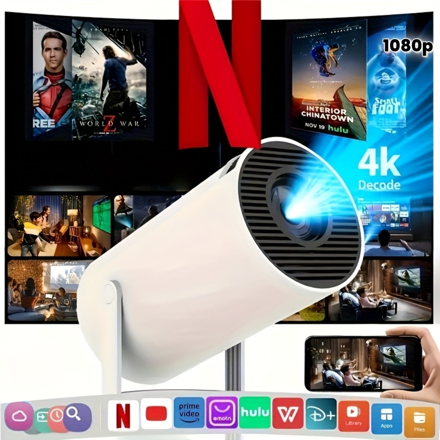 Mini projektor obsługujący rozdzielczość 4K i natywną rozdzielczość 1080P z systemem Android 11,. Przenośny projektor do użytku domowego/na zewnątrz. Odpowiedni dla systemów Android/iPhone/PC/Mac/Switch, projektor kina domowego