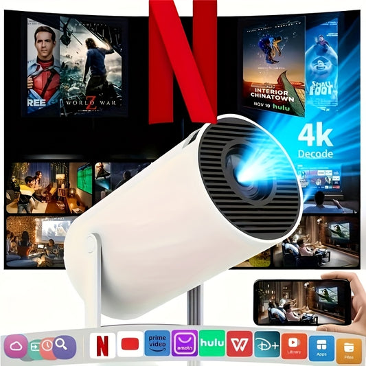 Mini projektor obsługujący rozdzielczość 4K i natywną rozdzielczość 1080P z systemem Android 11,. Przenośny projektor do użytku domowego/na zewnątrz. Odpowiedni dla systemów Android/iPhone/PC/Mac/Switch, projektor kina domowego