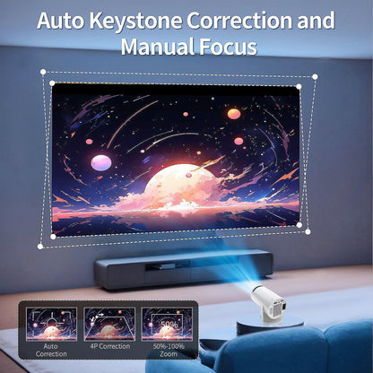 Mini projektor obsługujący rozdzielczość 4K i natywną rozdzielczość 1080P z systemem Android 11,. Przenośny projektor do użytku domowego/na zewnątrz. Odpowiedni dla systemów Android/iPhone/PC/Mac/Switch, projektor kina domowego
