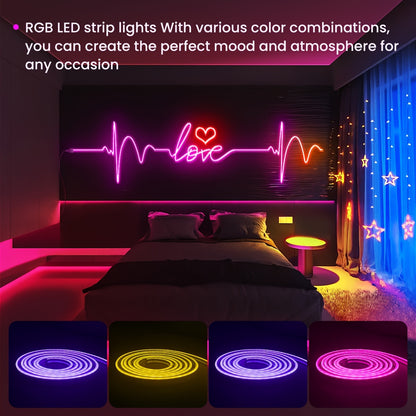 Mexllex RGB Neon Light Strip Featuring a 44-Key Remote, App Connectivity, IP67, Adjustable Colors And Brightness, Music Mode, And Options, Suitable for Bedrooms, Living Rooms, Studies, Gifts, And More