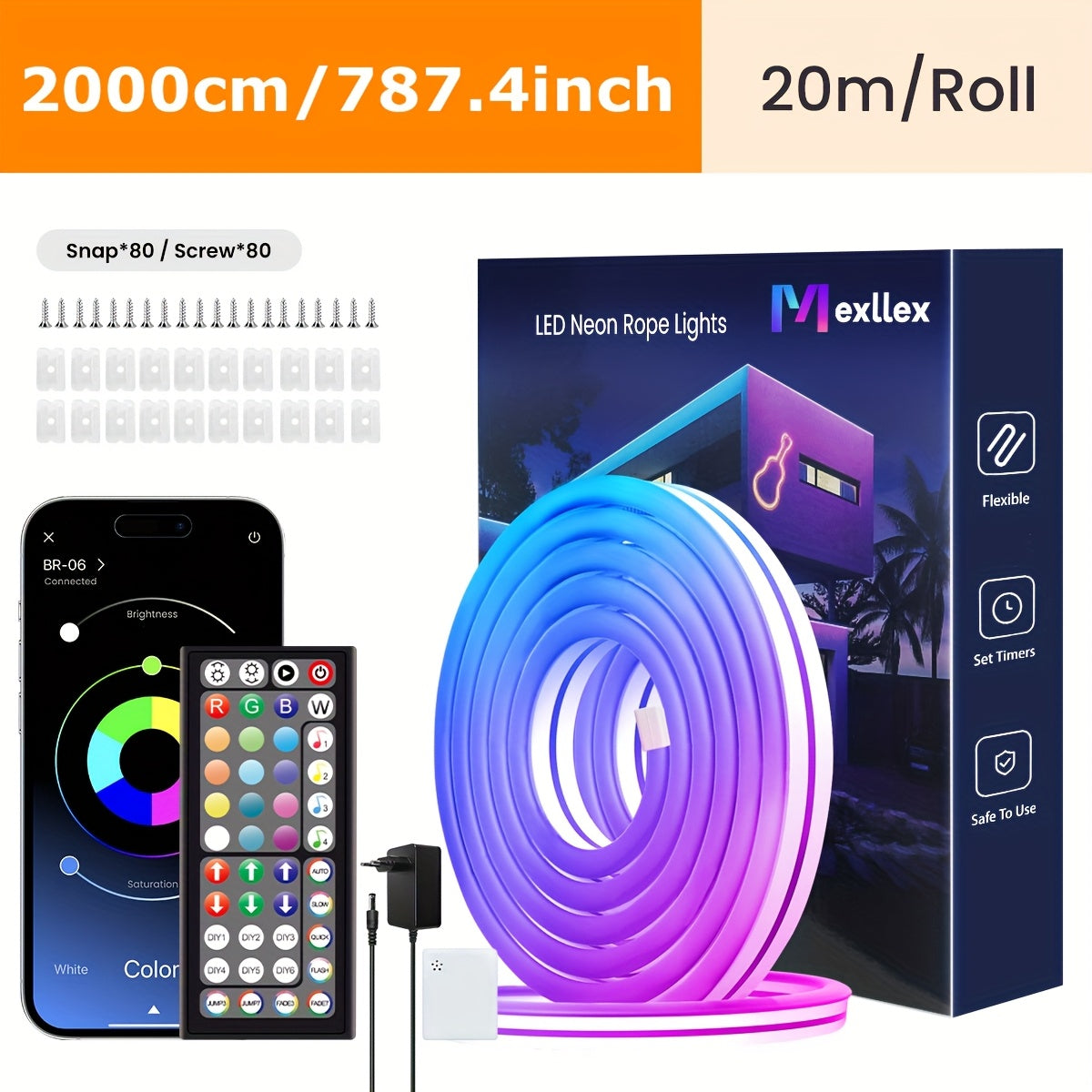 Mexllex RGB Neon Light Strip Featuring a 44-Key Remote, App Connectivity, IP67, Adjustable Colors And Brightness, Music Mode, And Options, Suitable for Bedrooms, Living Rooms, Studies, Gifts, And More