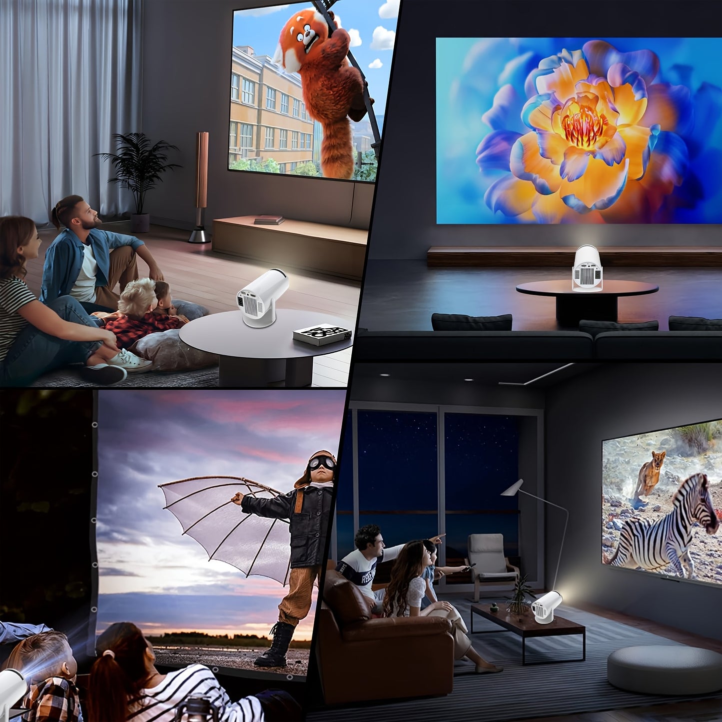 Mini projektor obsługujący rozdzielczość 4K i natywną rozdzielczość 1080P z systemem Android 11,. Przenośny projektor do użytku domowego/na zewnątrz. Odpowiedni dla systemów Android/iPhone/PC/Mac/Switch, projektor kina domowego