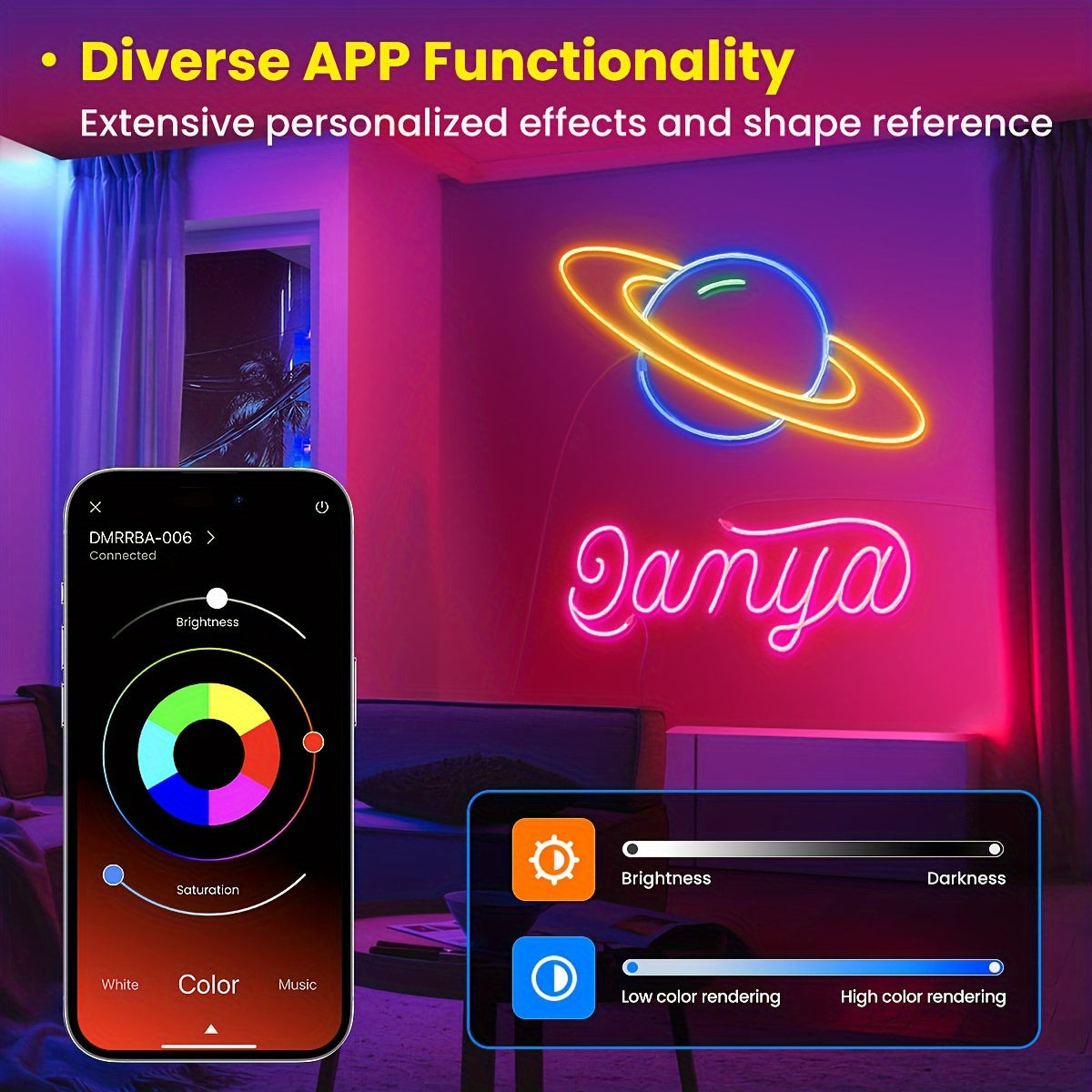 Mexllex RGB Neon Light Strip Featuring a 44-Key Remote, App Connectivity, IP67, Adjustable Colors And Brightness, Music Mode, And Options, Suitable for Bedrooms, Living Rooms, Studies, Gifts, And More