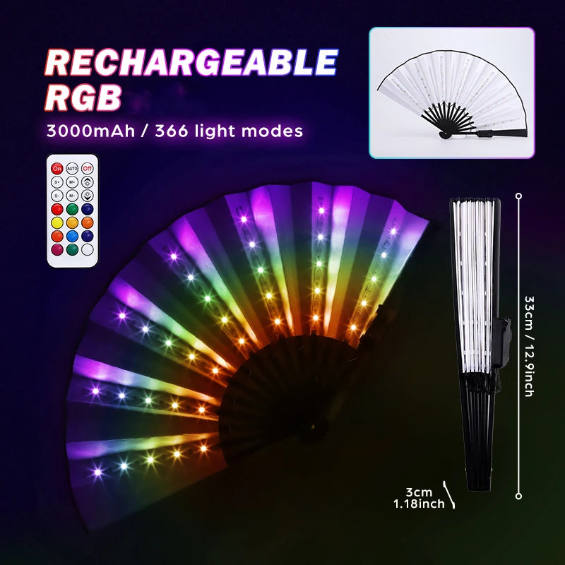 Rechargeable Glow Folding Fan,Led Fan Dancing Light Fans,Foldable Hand Fan,for Music Festival Dj Bar Club Neon Party Rave Night