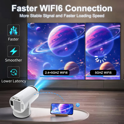 Mini projektor obsługujący rozdzielczość 4K i natywną rozdzielczość 1080P z systemem Android 11,. Przenośny projektor do użytku domowego/na zewnątrz. Odpowiedni dla systemów Android/iPhone/PC/Mac/Switch, projektor kina domowego