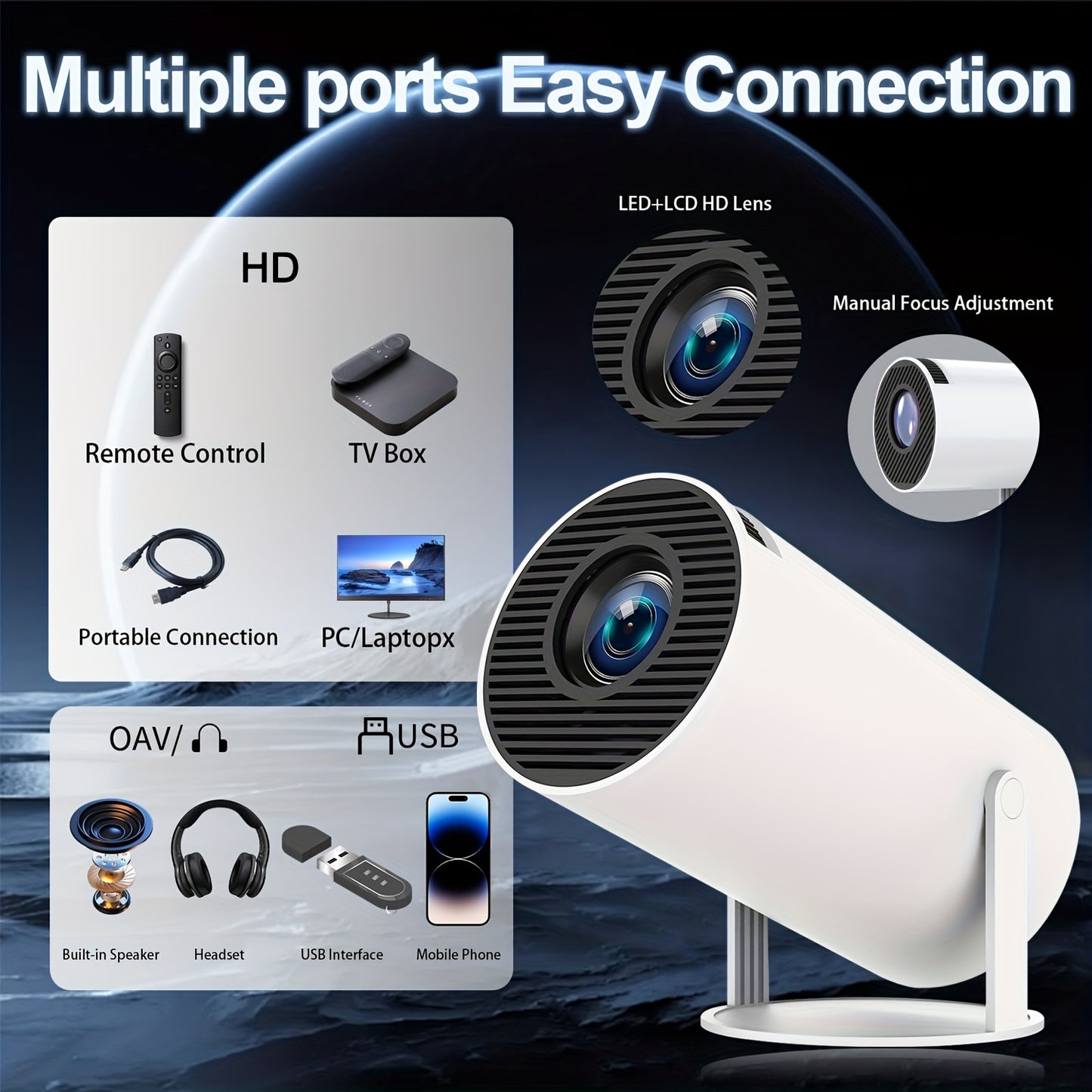 Mini projektor obsługujący rozdzielczość 4K i natywną rozdzielczość 1080P z systemem Android 11,. Przenośny projektor do użytku domowego/na zewnątrz. Odpowiedni dla systemów Android/iPhone/PC/Mac/Switch, projektor kina domowego