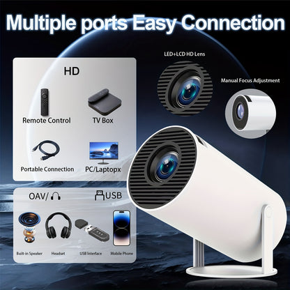 Mini projektor obsługujący rozdzielczość 4K i natywną rozdzielczość 1080P z systemem Android 11,. Przenośny projektor do użytku domowego/na zewnątrz. Odpowiedni dla systemów Android/iPhone/PC/Mac/Switch, projektor kina domowego