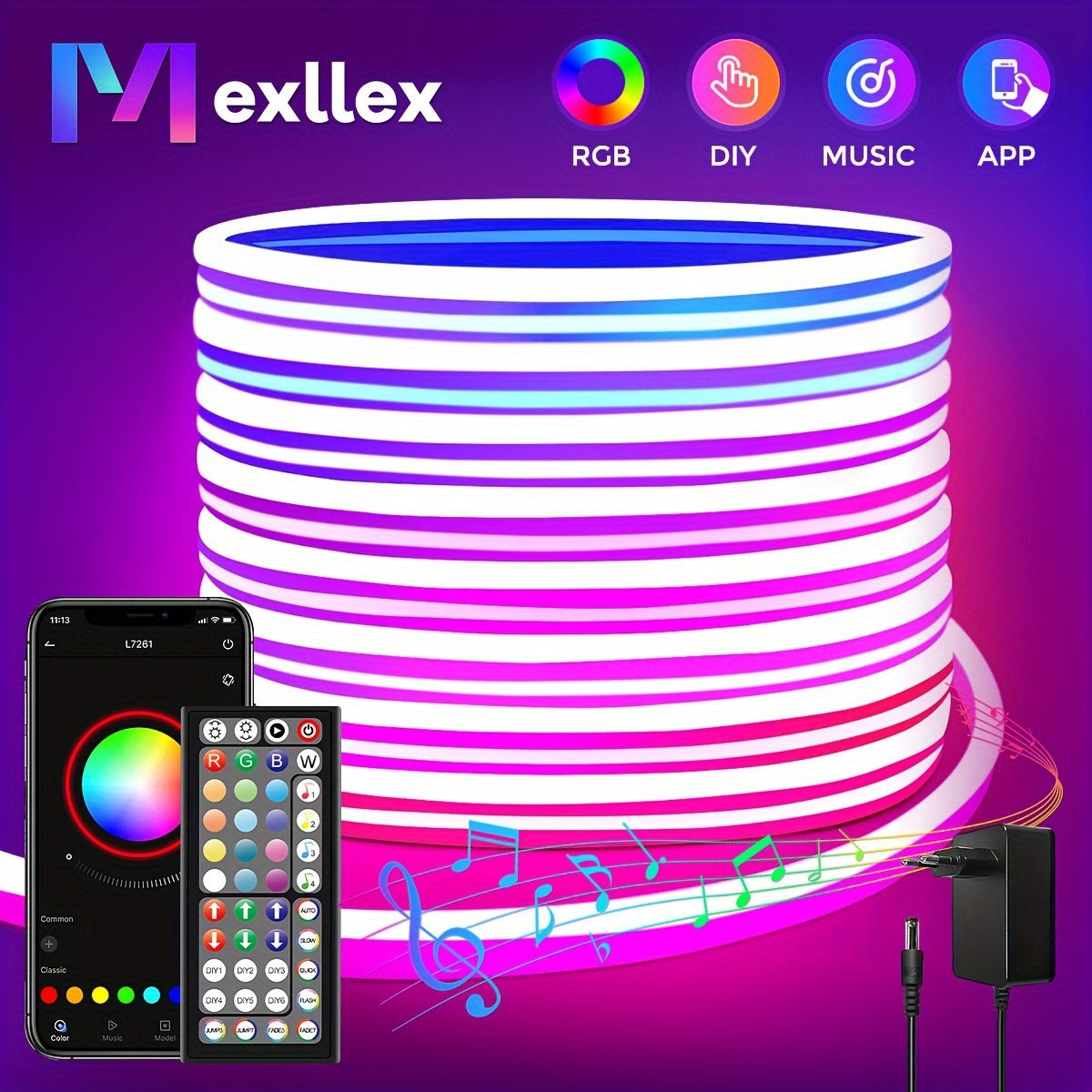 Mexllex RGB Neon Light Strip Featuring a 44-Key Remote, App Connectivity, IP67, Adjustable Colors And Brightness, Music Mode, And Options, Suitable for Bedrooms, Living Rooms, Studies, Gifts, And More
