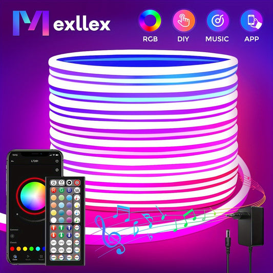 Mexllex RGB Neon Light Strip Featuring a 44-Key Remote, App Connectivity, IP67, Adjustable Colors And Brightness, Music Mode, And Options, Suitable for Bedrooms, Living Rooms, Studies, Gifts, And More